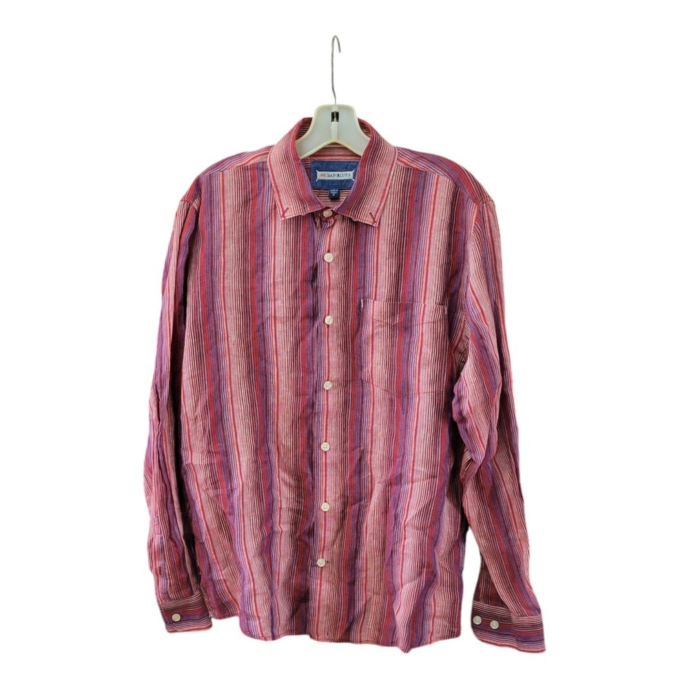 32 Bar Blues Mens M Medium 100% Linen Long Sleeve Pink Stripe Shirt - Picture 2 of 8